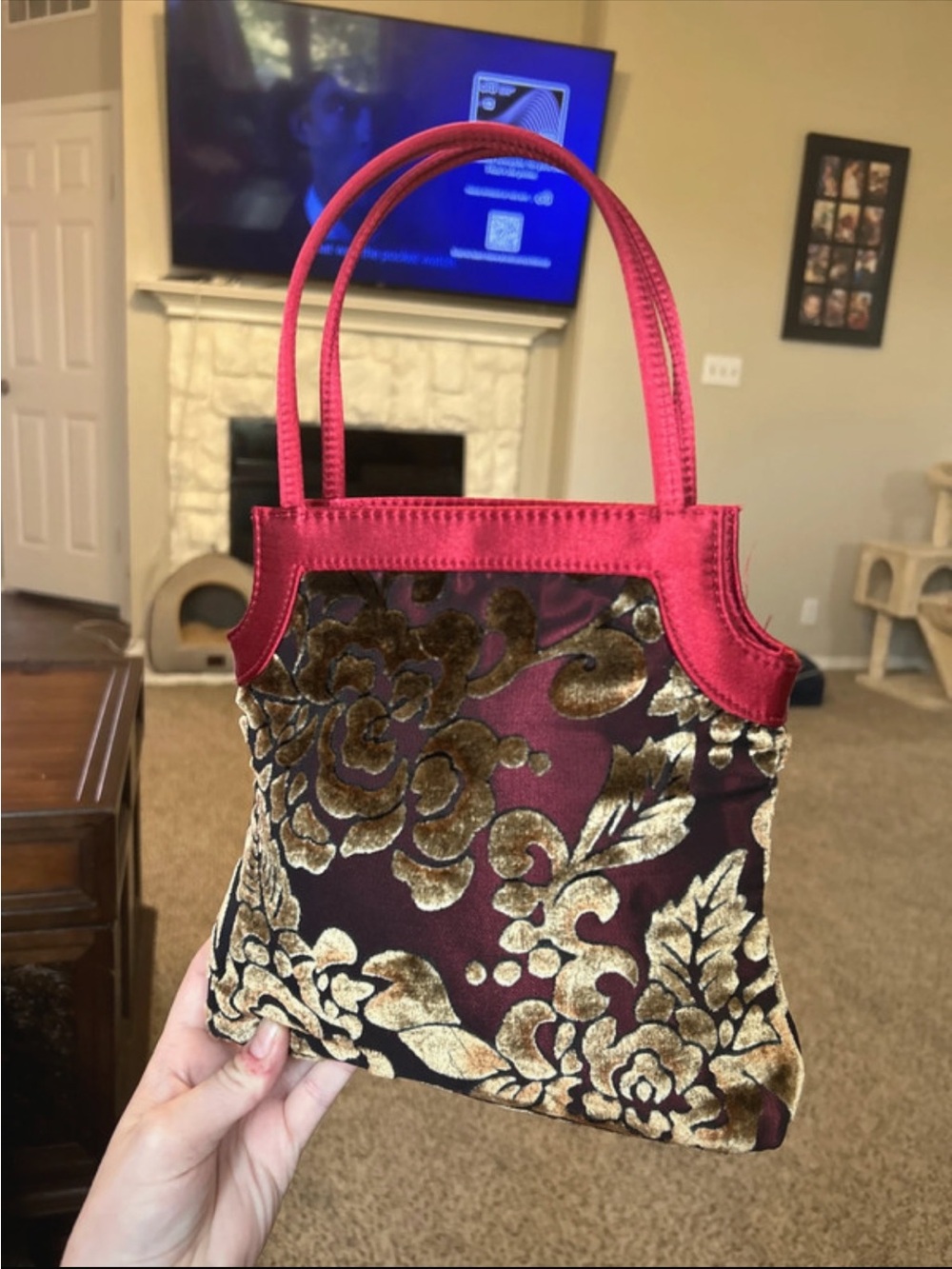 Women's Red Velvet Floral Accent Handbag